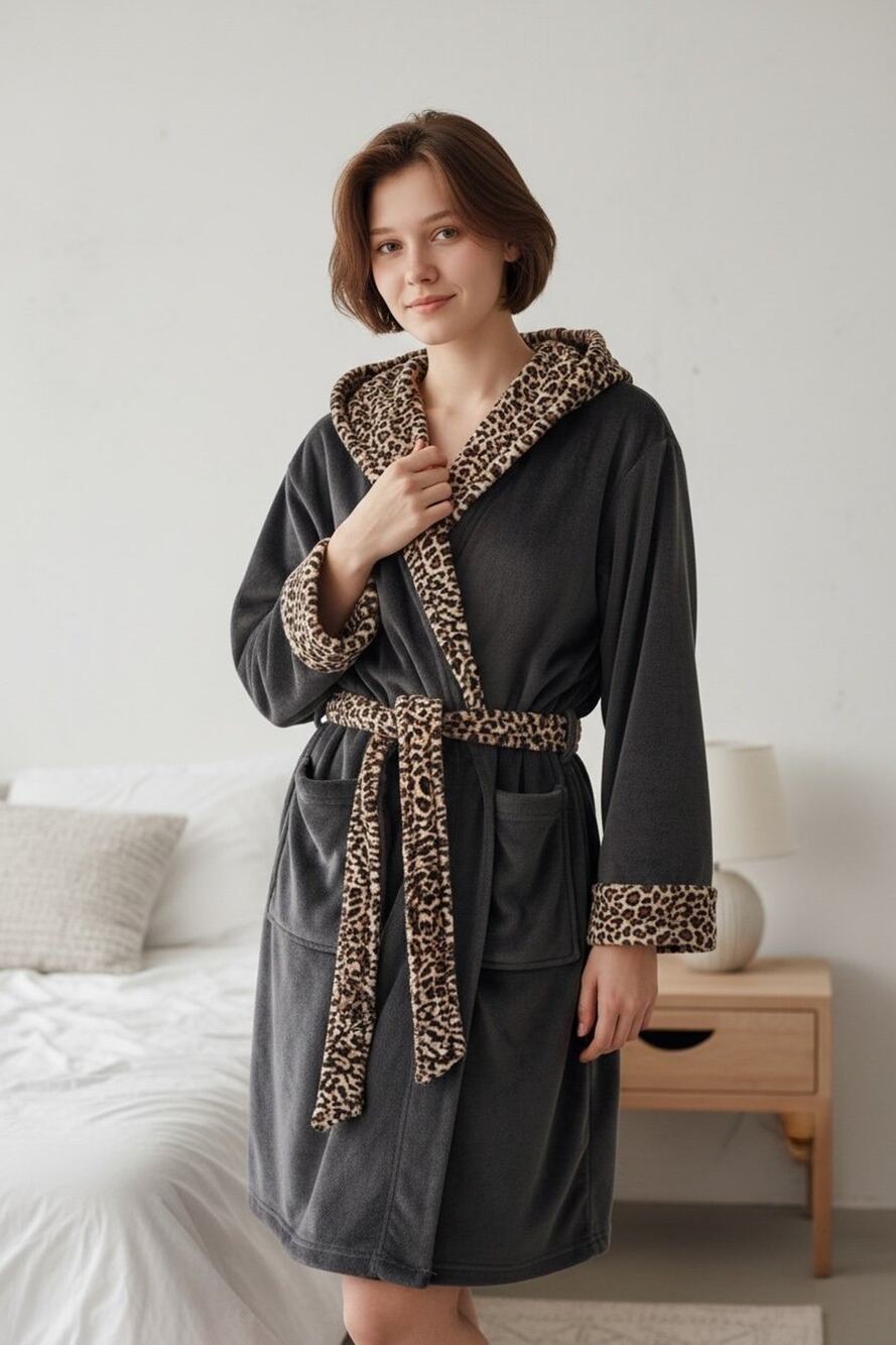 Adonna Women’s Black Terry Velour Cheetah Leopard print bath lounge Robe sz Lg